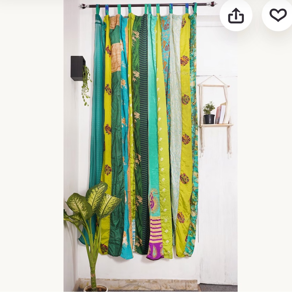 Boho Green Patchwork Curtain Panel - Home Accents Indian Sari Gypsy decor